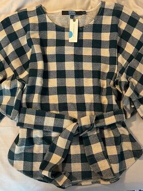 Dark Green & Cream Buffalo Plaid Tie-Waist Top